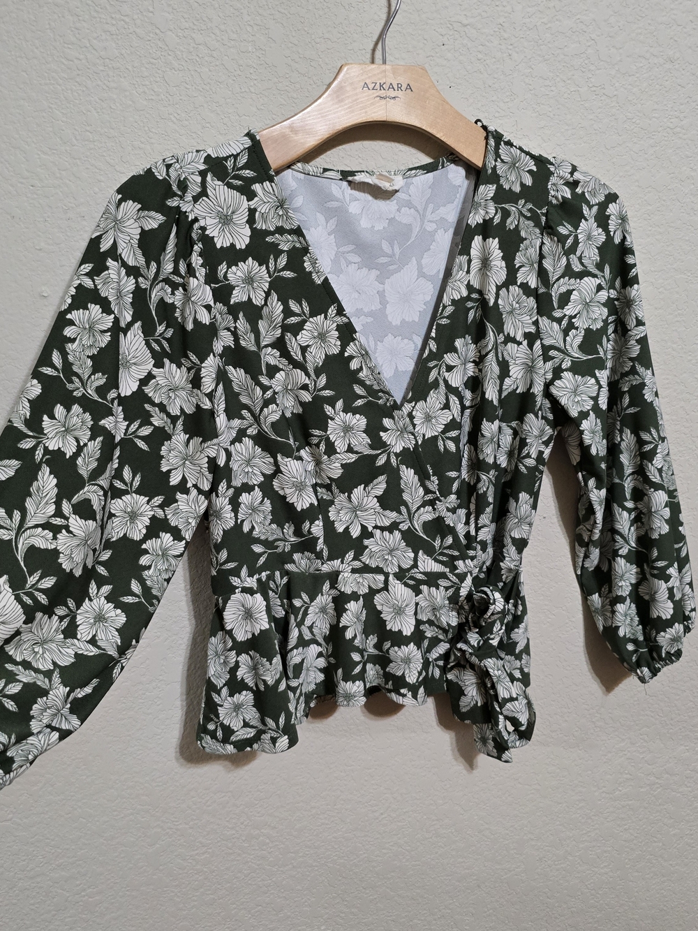 meraki Olive Green Floral Wrap Top with White Print